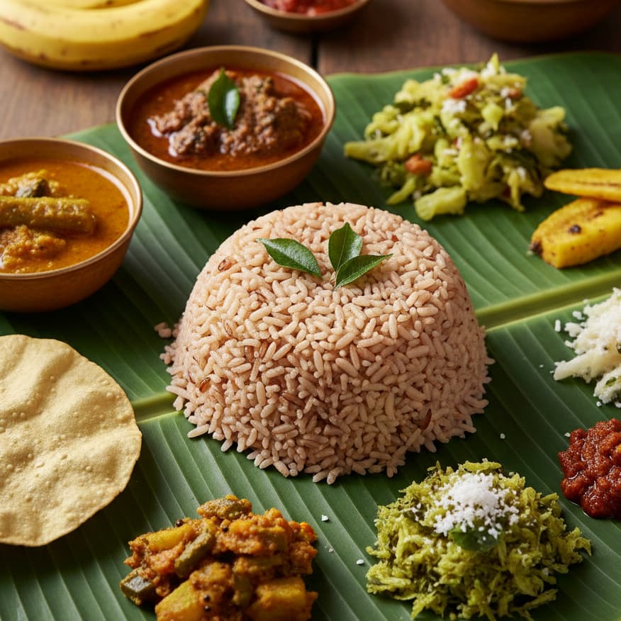 Overhead shot of a rich colorful biryani rice dish on a rustic table